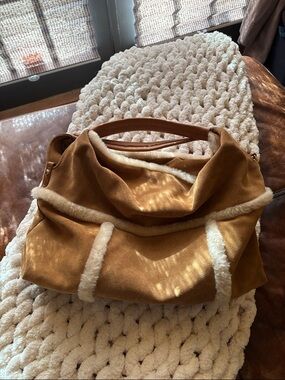 UGG Tan Suede Hobo Bag with Cream Shearling Trim